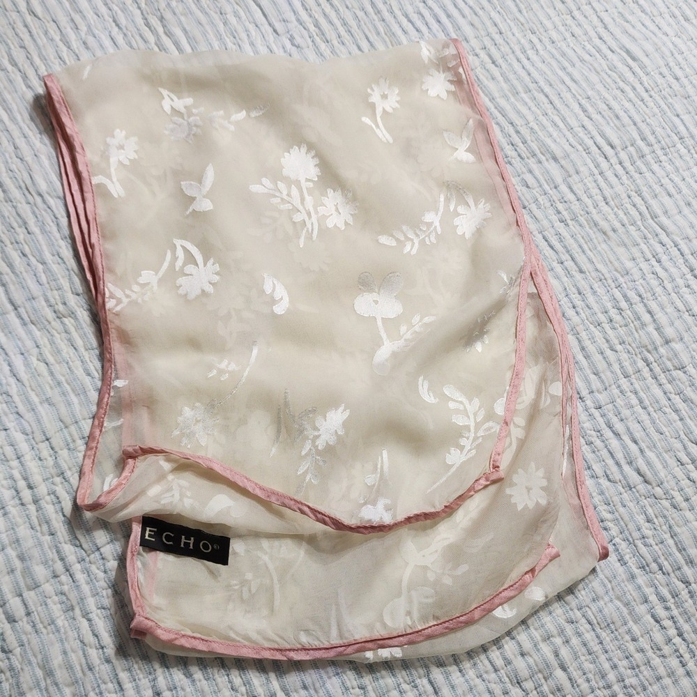 Echo Silk Blend Scarf Cream Pink Floral Burnout Sheer Rectangular Evening Wrap